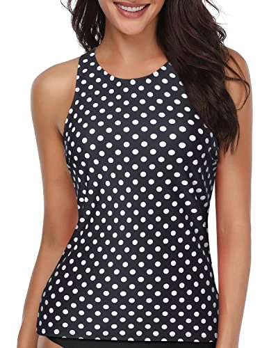 Modest Bathing Suit High Neck Tankini Top For Women-Black Dot