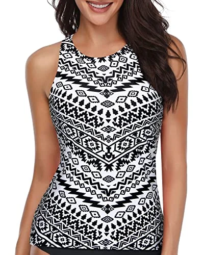 Push Up Padded High Neck Tankini Top Modest Bathing Suit Tops-Geometric