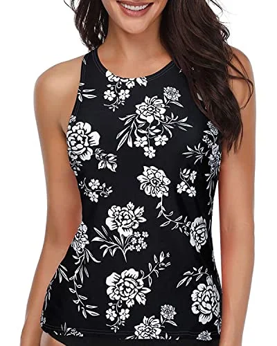 Accentuated Curves High Neck Tankini Top For Women-White And Black Floral