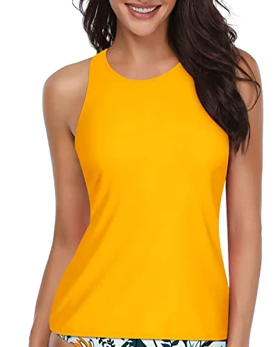 Slimming High Neck Tankini Top Modest Bathing Suit Tops-Yellow