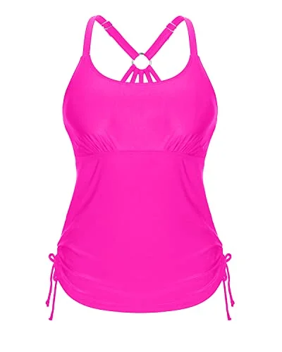 Long & Loose Tankini Tops For Tummy Hiding Swimsuit Tops For Women Tankini-Neon Pink