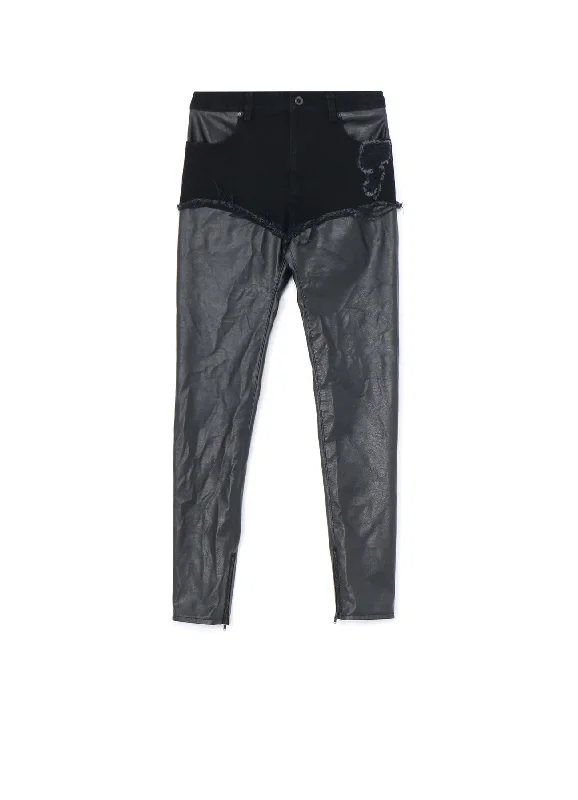 LEATHER + DENIM SLIM PANTS